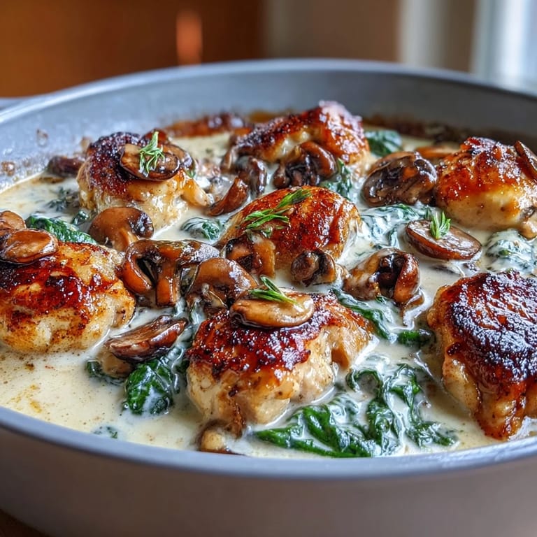 Hearty one-pan chicken skillet dish featuring creamy Parmesan sauce, fresh spinach, and savory mushrooms.