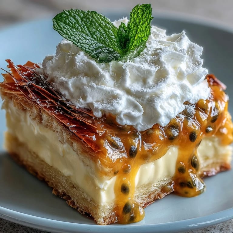 Crisp phyllo crust filled with luscious passionfruit curd, topped with whipped cream and mint for a bright finish.