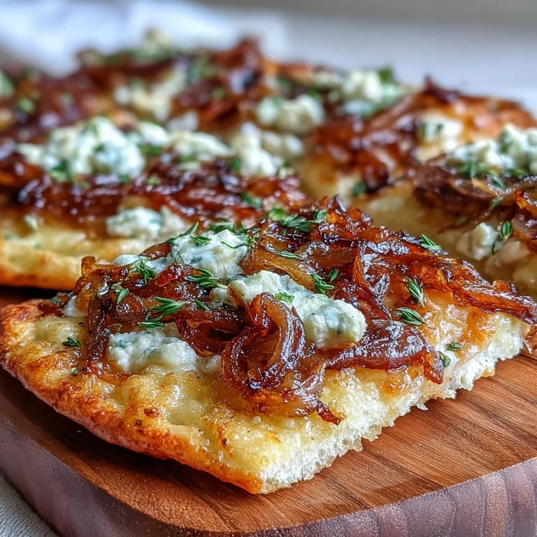 Golden baked flatbread with deeply caramelized onions, crumbled goat cheese, and aromatic thyme leaves, perfect for sharing or as a light meal.
