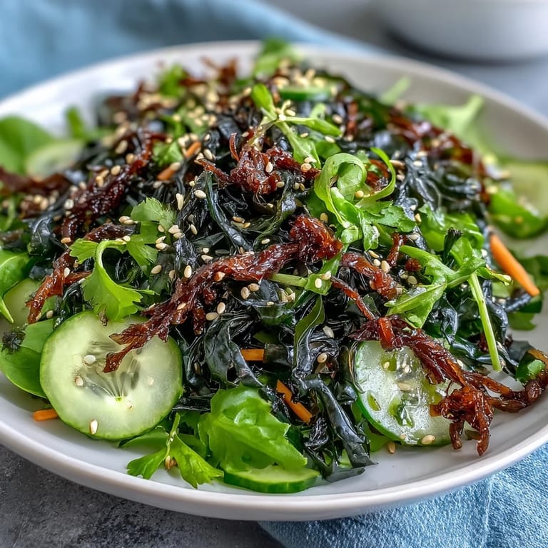 This refreshing Seaweed & Nori Crunchy Salad features roasted nori, julienned carrots, and cucumber slices, topped with toasted sesame seeds.  