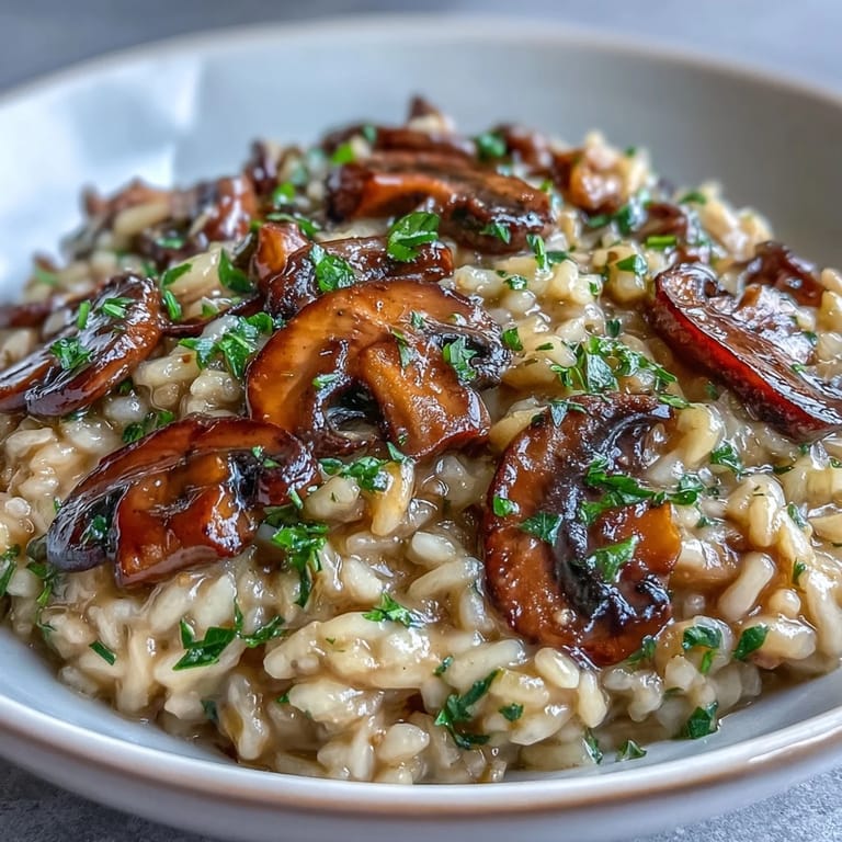 Rich, buttery risotto infused with wild mushrooms, topped with Parmesan and a hint of truffle oil for gourmet flavor.