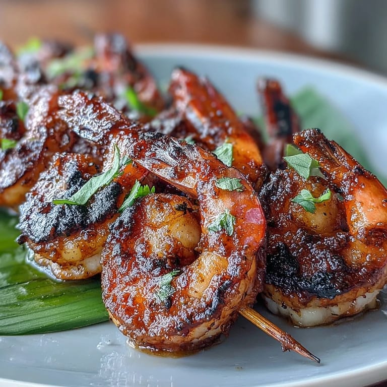 A close-up of tender jerk-marinated shrimp skewers, charred to perfection and paired with creamy coconut rice and fresh lime wedges for a tropical feast.  