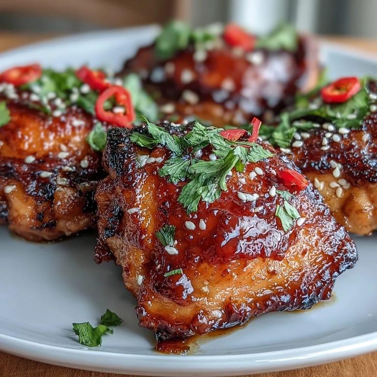 Roasted chicken thighs glazed with chili jam, honey, and soy sauce for a bold, flavorful dish that's easy to prepare.