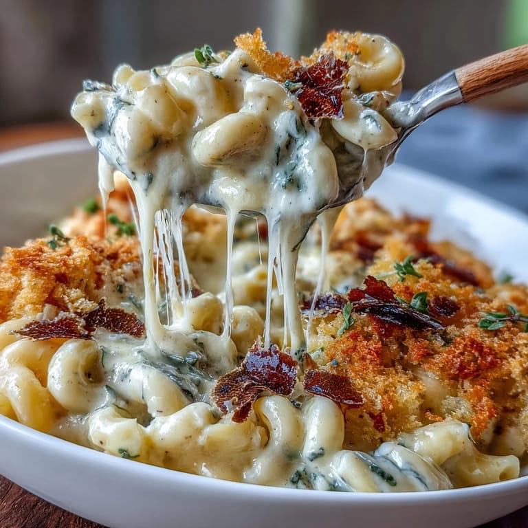 Decadent truffle mac and cheese featuring Gruyère, cheddar, Fontina, and Parmesan, garnished with fresh chives and truffle shavings.