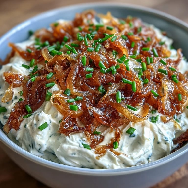 Rich, golden caramelized onions blended into tangy sour cream and chive dip, ideal for parties, game day, or casual snacking.