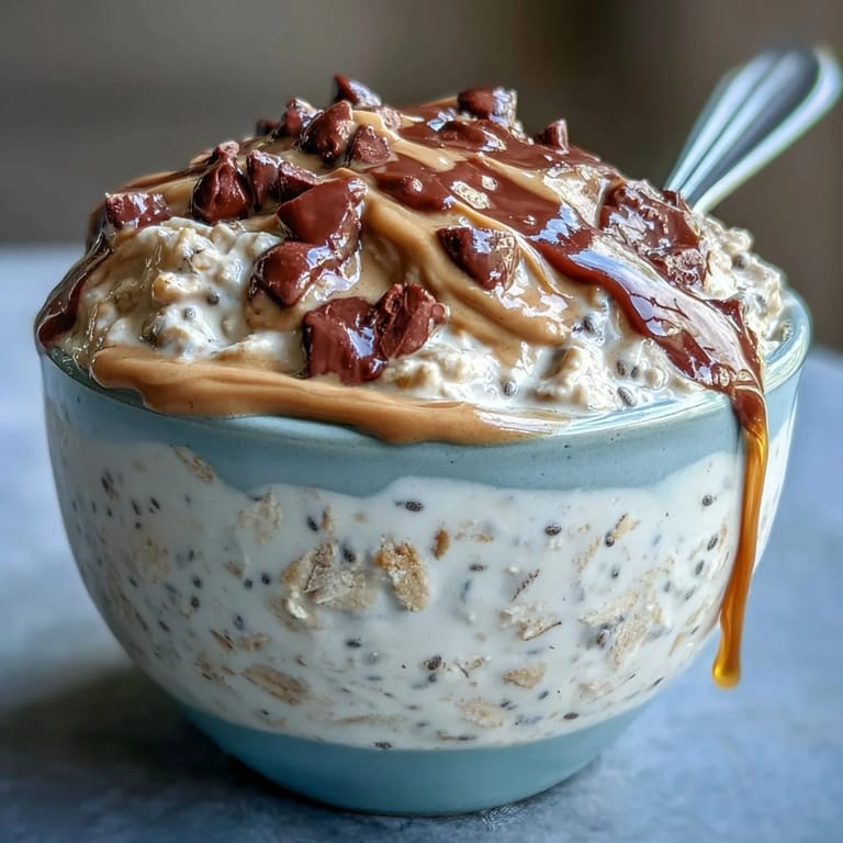 Delicious make-ahead breakfast featuring chocolate chip peanut butter overnight oats topped with fresh banana slices and extra drizzle.