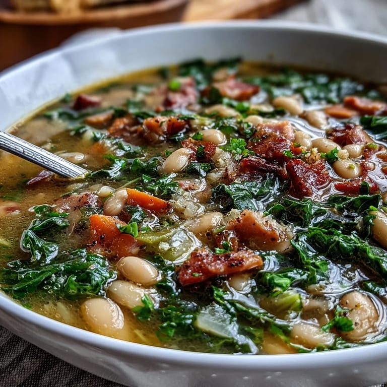 Hearty ham and kale white bean soup served with crusty bread, perfect for a cozy winter dinner.  