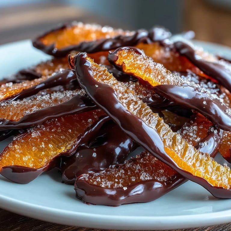 Handcrafted candied orange peel elegantly coated in smooth dark chocolate, ideal for an indulgent homemade treat or thoughtful edible gift.  