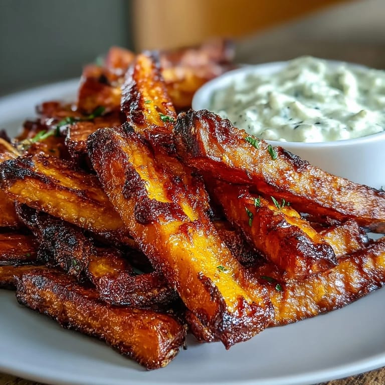 A plate of crunchy sweet potato fries fresh from the air fryer, paired with a rich, tangy onion dip perfect for dipping.  