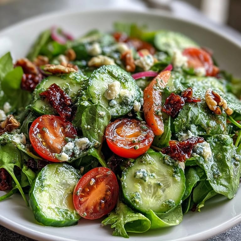 Colorful spring greens salad topped with julienned carrots, toasted walnuts, and tangy honey mustard dressing.  