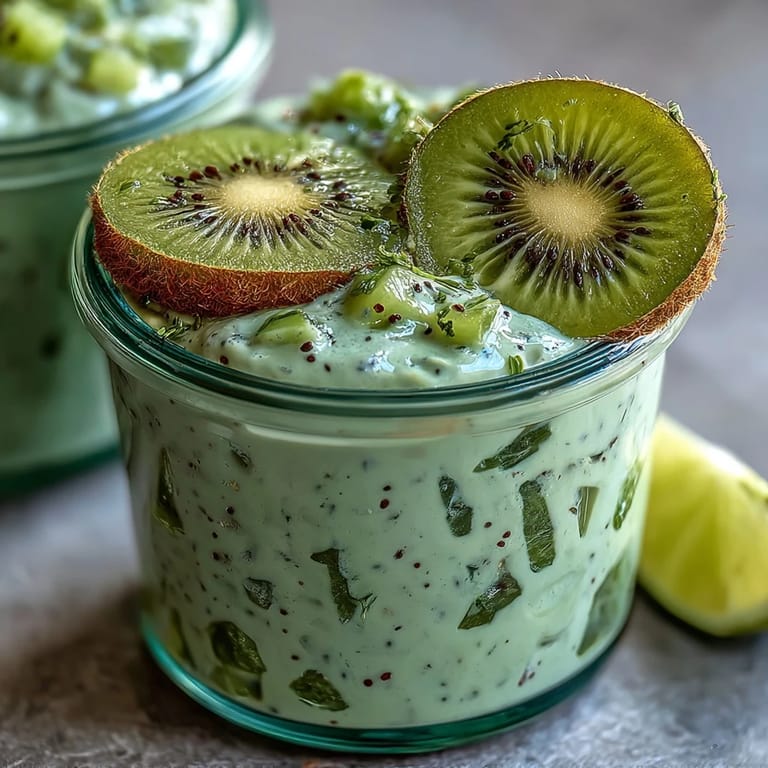 Zesty lime chia pudding topped with diced kiwi and garnished with mint leaves, creating a healthy and visually appealing snack or dessert.