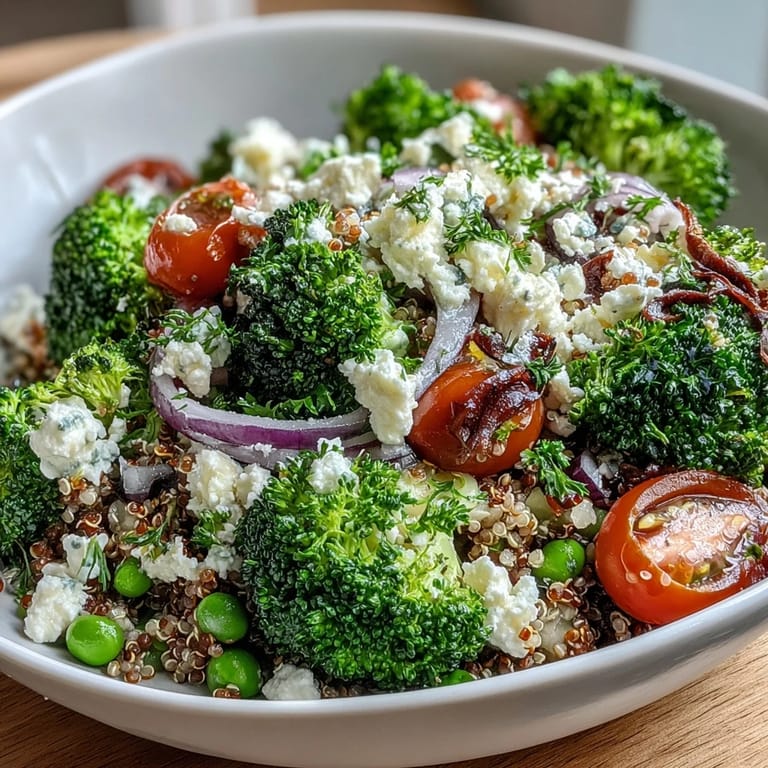 Colorful grain bowl featuring protein-rich quinoa, steamed broccoli, fresh peas, and savory feta crumbles.