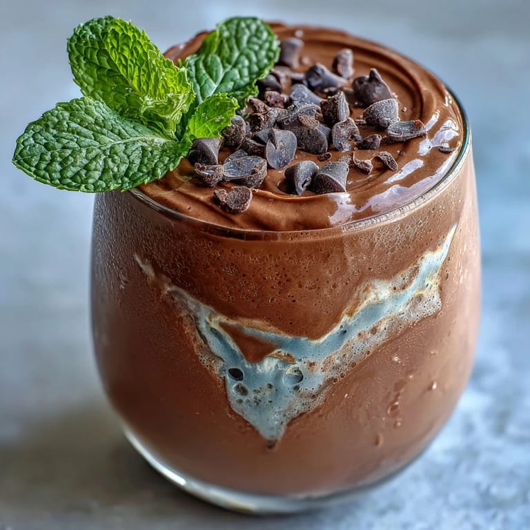 Smooth and frosty mint chocolate protein shake featuring creamy banana, packed with protein and topped with mini chocolate chips for extra indulgence.