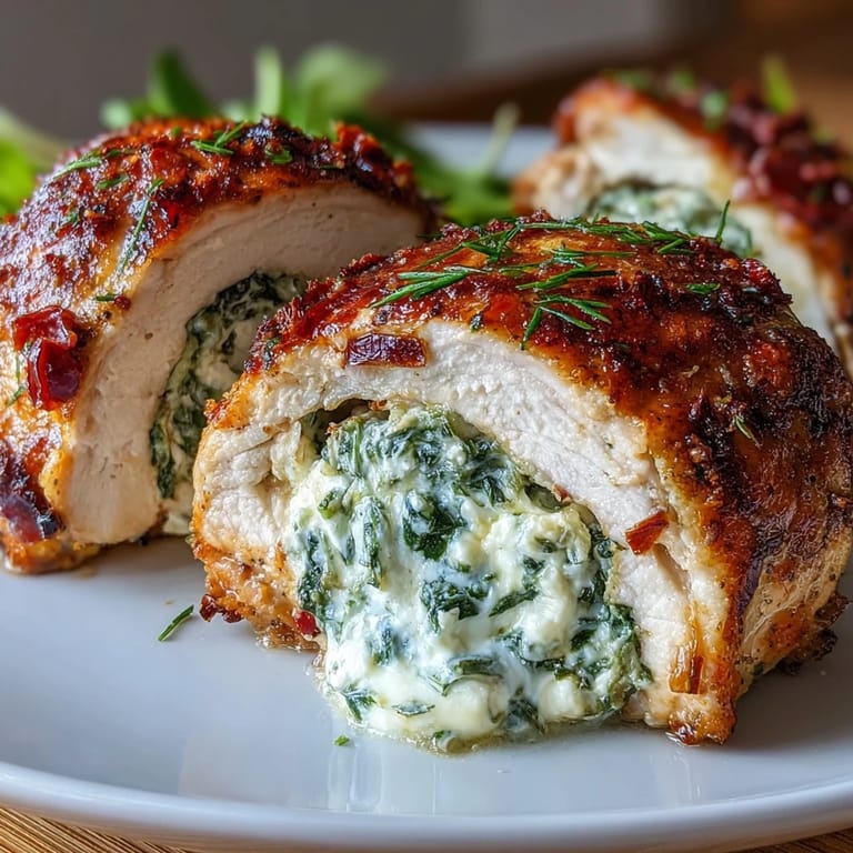 Tender chicken breasts filled with a savory blend of spinach, feta, and sun-dried tomatoes, offering a burst of flavor in every bite for an elegant dinner.