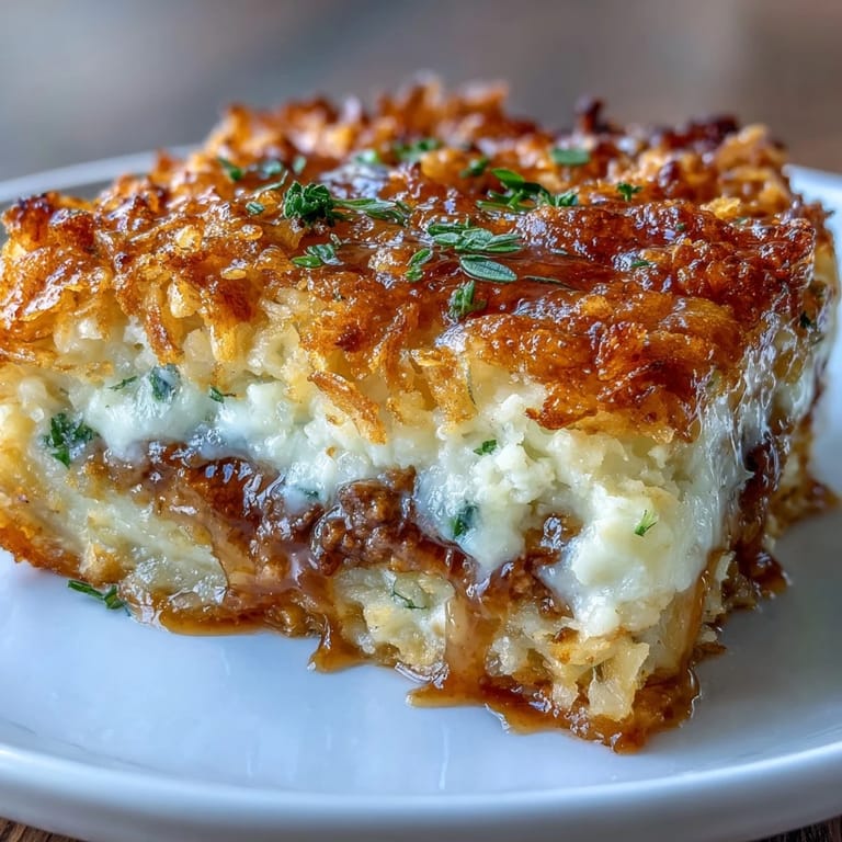 Savory ground beef and vegetable filling layered under cheesy mashed potatoes and crunchy cornflake topping.  