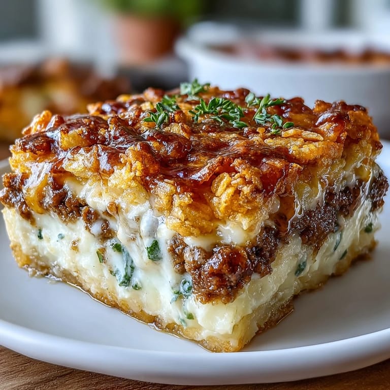 Comforting casserole bake with rich beef base, sour cream mashed potatoes, and buttery cornflake crunch.