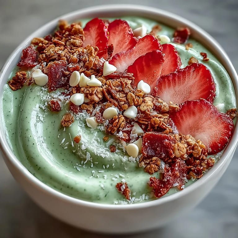 Creamy strawberry and matcha layers in a smoothie bowl, topped with granola, coconut, and fresh berries.