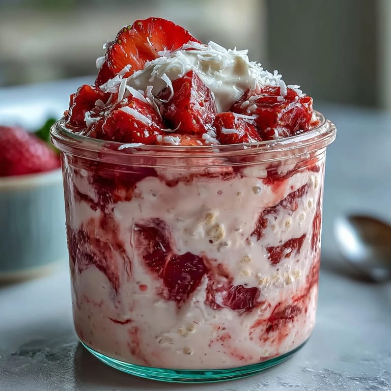 Creamy coconut milk-soaked oats layered with juicy strawberries and chia seeds, garnished with coconut yogurt and extra fruit slices.