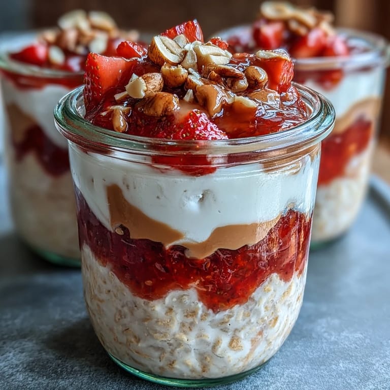 Layered overnight oats with peanut butter, strawberry jam, and crunchy peanuts—an easy, make-ahead breakfast inspired by the classic PB&J.