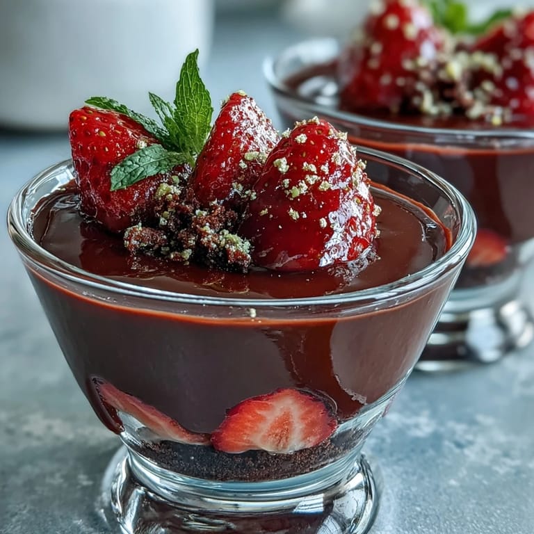 Luxurious no-bake dessert cups featuring velvety chocolate ganache, macerated strawberries, and buttery biscuit base topped with pistachios.