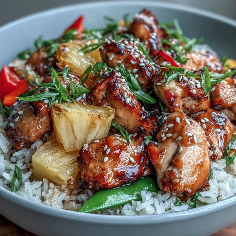 Tropical Pineapple Teriyaki Chicken Rice Bowls topped with tender chicken, colorful bell peppers, and fresh pineapple chunks.