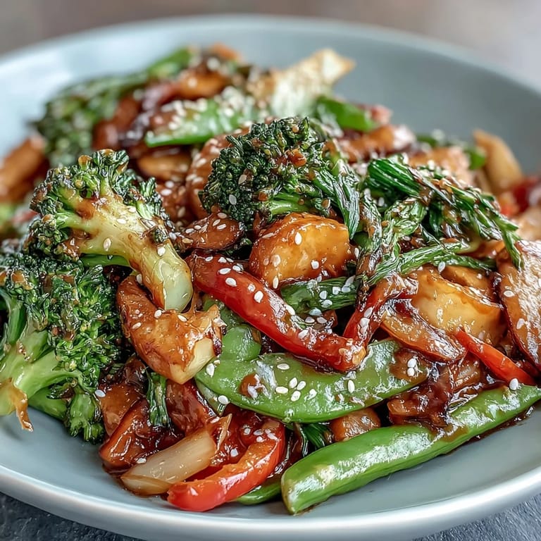 Wholesome vegetarian stir-fry featuring fresh veggies and a flavorful peanut sauce, garnished with sesame seeds and green onions.