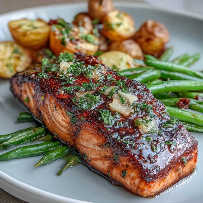 Easy sheet pan salmon with bright lemon, tender baby potatoes, and crisp green beans, roasted to perfection for a nutritious, satisfying dinner.
