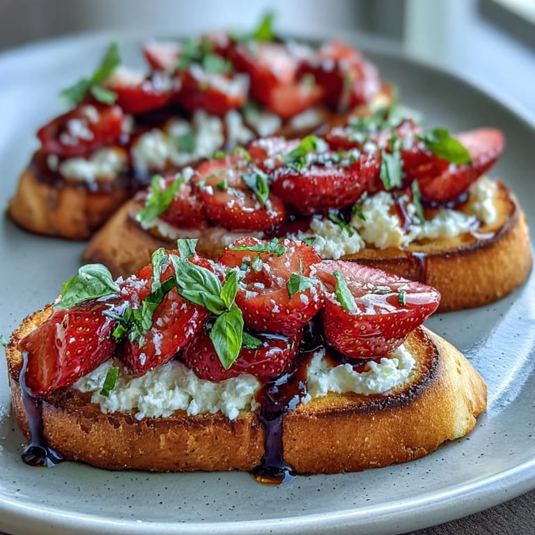 Sweet and savory strawberry bruschetta toasts topped with fresh basil, honey, and a balsamic reduction for a bright appetizer.