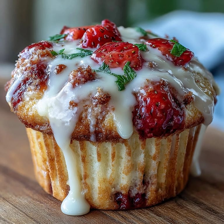 Golden-topped strawberry muffins bursting with fresh fruit, finished with a bright lemon glaze for a refreshing flavor twist.