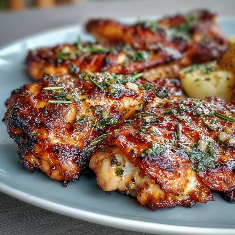 Juicy roasted chicken infused with lemon and fresh herbs, plated with golden baby potatoes for an elegant family meal.