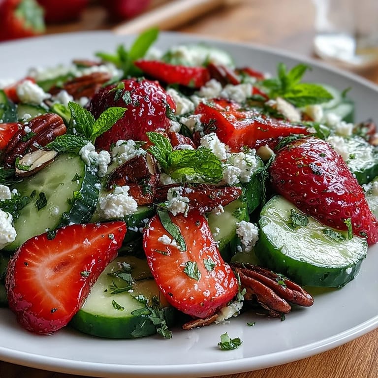 Light cucumber and strawberry salad with mint, featuring juicy berries and cool cucumber slices, perfect for warm-weather dining.