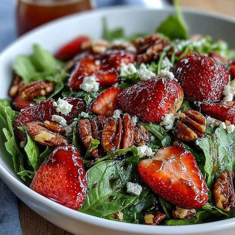 A refreshing Strawberry Arugula Salad with Balsamic Glaze, combining peppery greens, juicy strawberries, and tangy goat cheese for a perfect spring dinner party dish.
