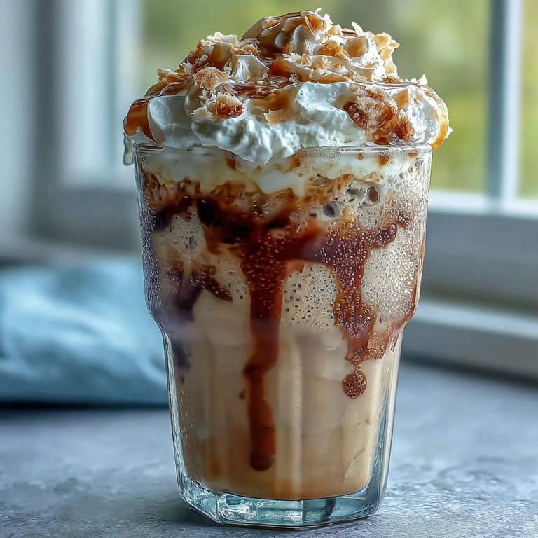 Iced vanilla bean frappuccino with a silky toasted coconut foam, perfect for a refreshing summer coffee break.