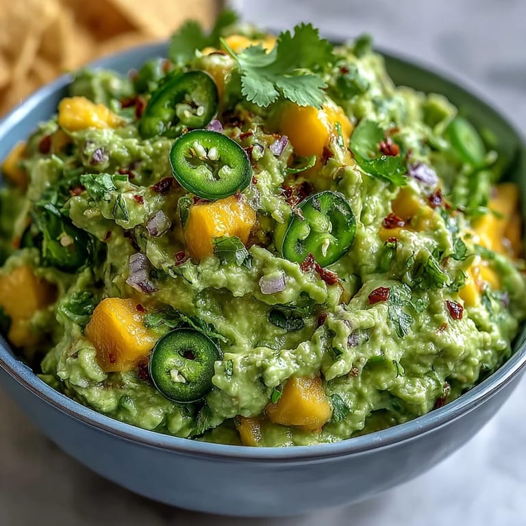 Fresh avocado guacamole blended with sweet mango and spicy jalapeño, ideal for festive snacking.