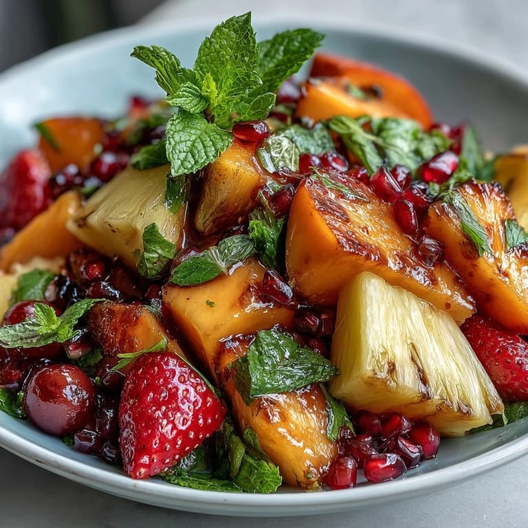 Beautifully arranged tropical fruit display featuring juicy mangoes, golden pineapple spears, and fresh berries, garnished with mint and lime for a refreshing centerpiece.