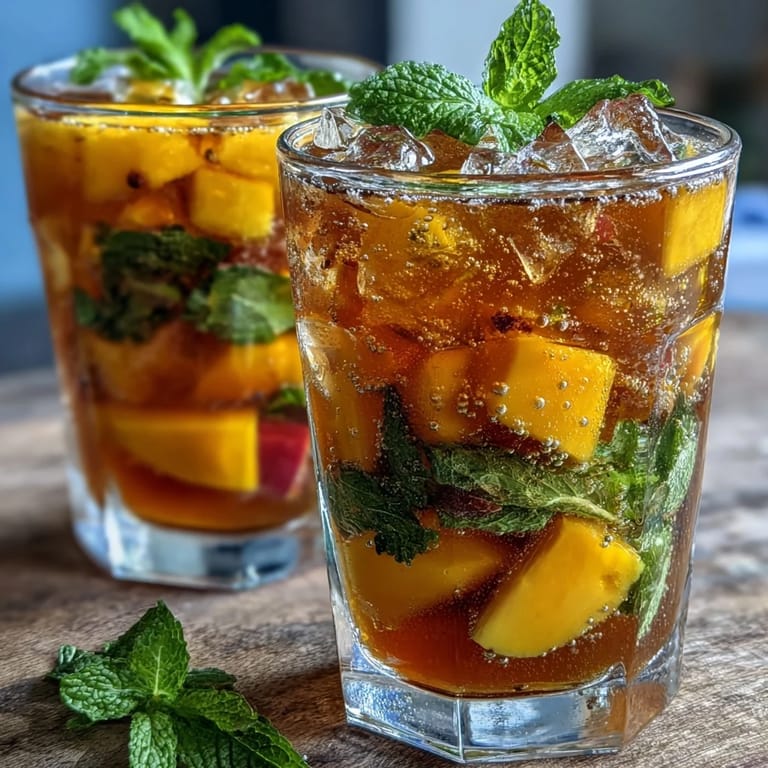 Refreshing alcohol-free sangria blending juicy mango, ripe peaches, and citrus in a sparkling fruit drink perfect for picnics.