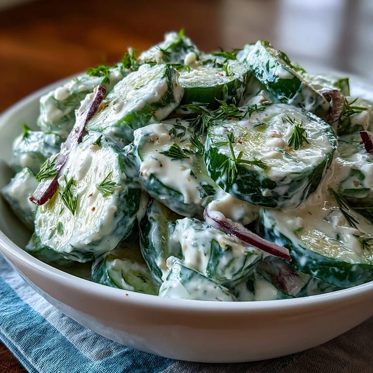 Crisp cucumber slices in a creamy Greek yogurt dill dressing, a healthy vegetarian side dish for barbecues or light lunches