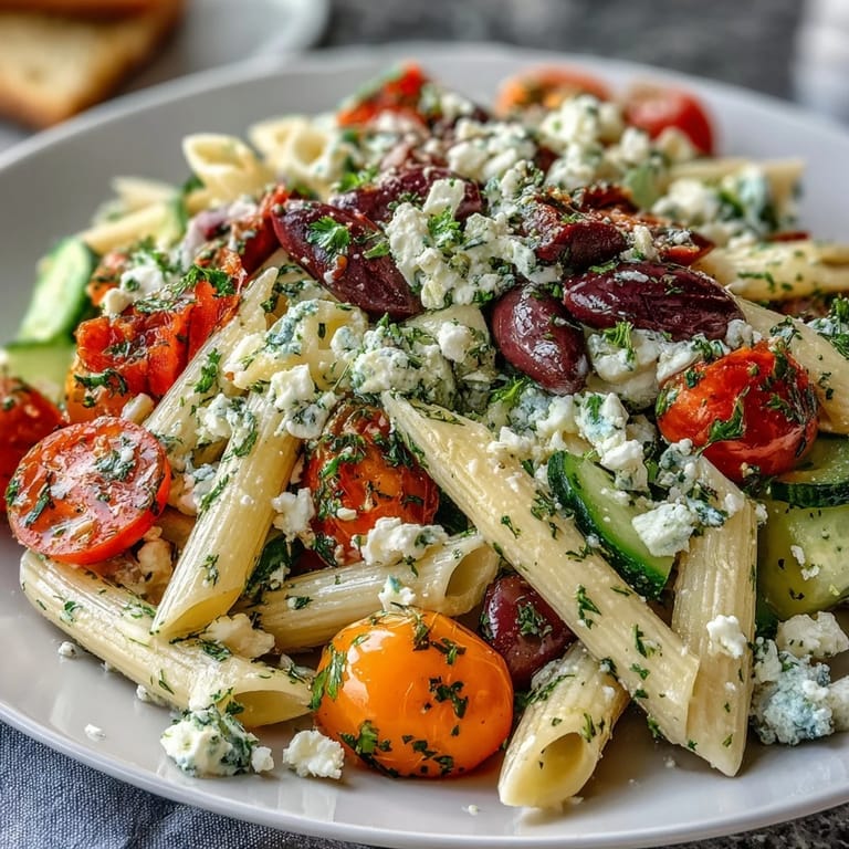 Colorful Greek pasta salad featuring briny Kalamata olives, creamy feta, and crisp bell peppers, perfect for summer gatherings.