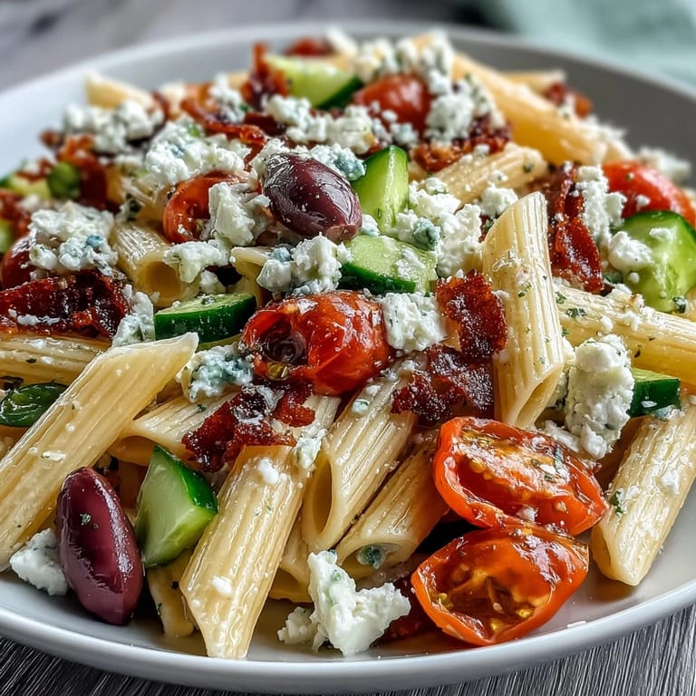 Easy Greek pasta salad with feta and olives, tossed with juicy tomatoes and cucumbers in an herb-infused olive oil dressing.