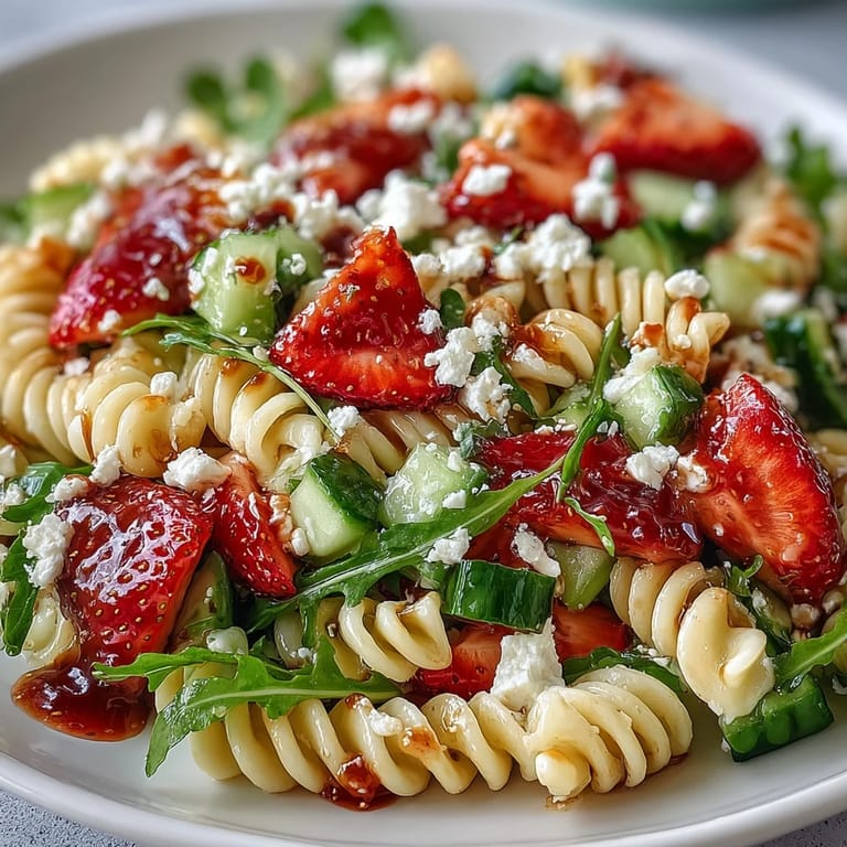 Vibrant pasta salad featuring sweet strawberries, tangy feta, and peppery arugula in a balsamic dressing.  