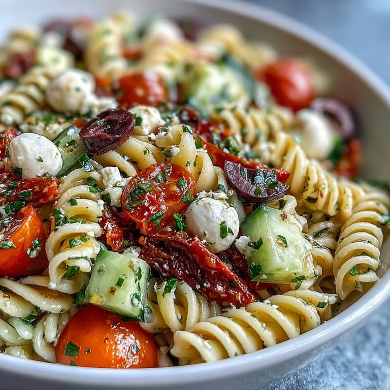 Refreshing Easy Summer Pasta Salad with Italian Dressing: chilled pasta with crisp veggies, olives, and creamy mozzarella balls.