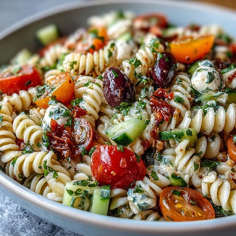 Vibrant Easy Summer Pasta Salad with Italian Dressing: al dente pasta tossed with fresh vegetables and tangy Italian dressing.