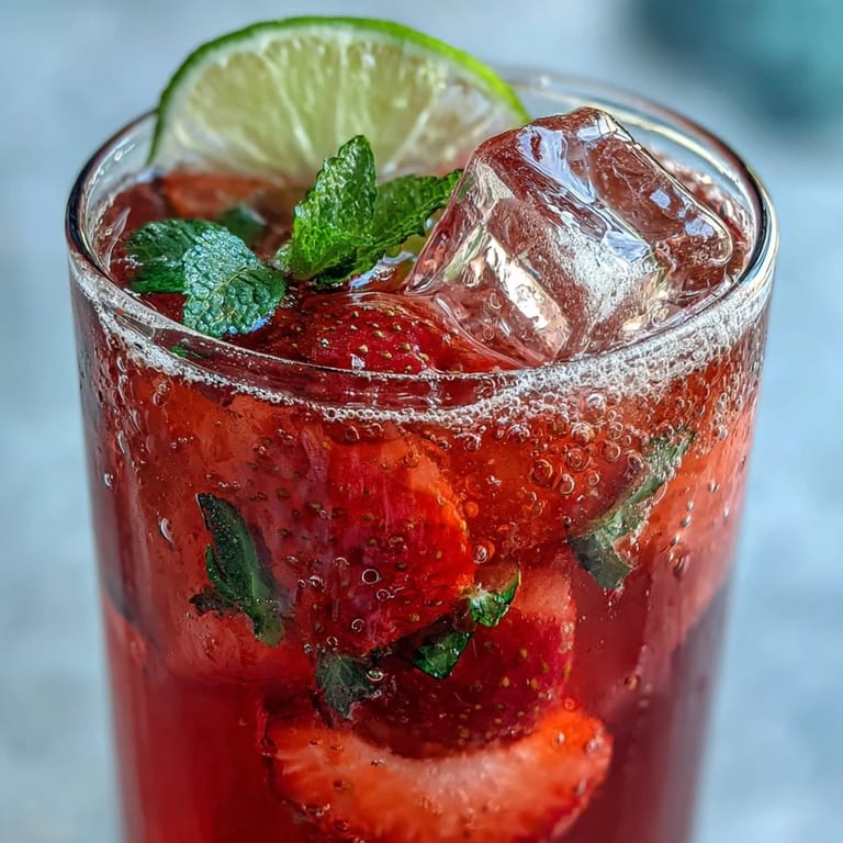 Bright red strawberry agua fresca with lime slices and mint leaves, perfect for hot days and festive gatherings.