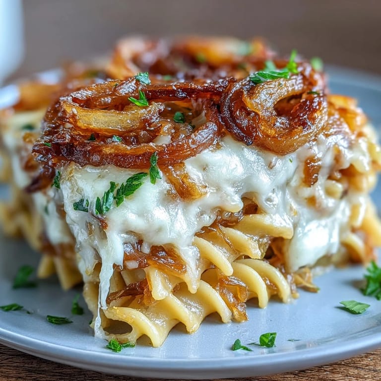 Comforting baked pasta with tender rigatoni, rich onion broth, and melted Gruyère cheese.