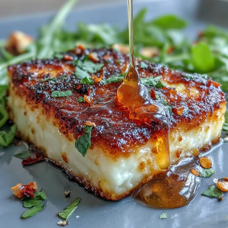 Crispy, golden-brown halloumi slices topped with sweet and spicy chili-infused honey, perfect as a Mediterranean appetizer.