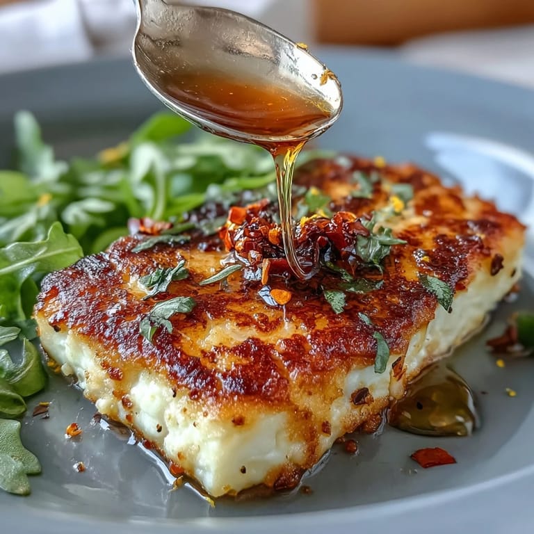 A vibrant plate of warm halloumi cheese with chili-honey glaze, nestled on a bed of peppery arugula.
