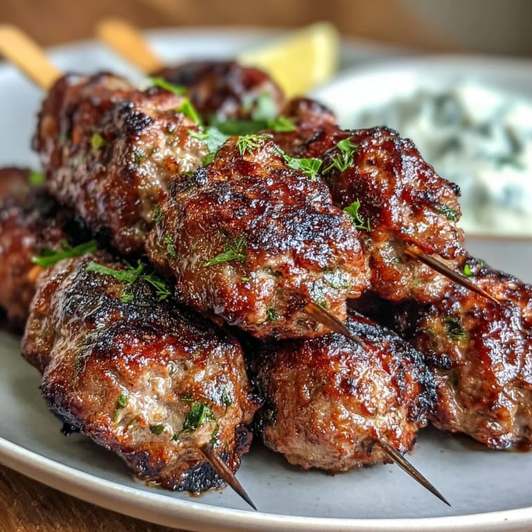 Spiced ground lamb kofta grilled until golden, paired with refreshing homemade tzatziki and garnished with fresh herbs.  