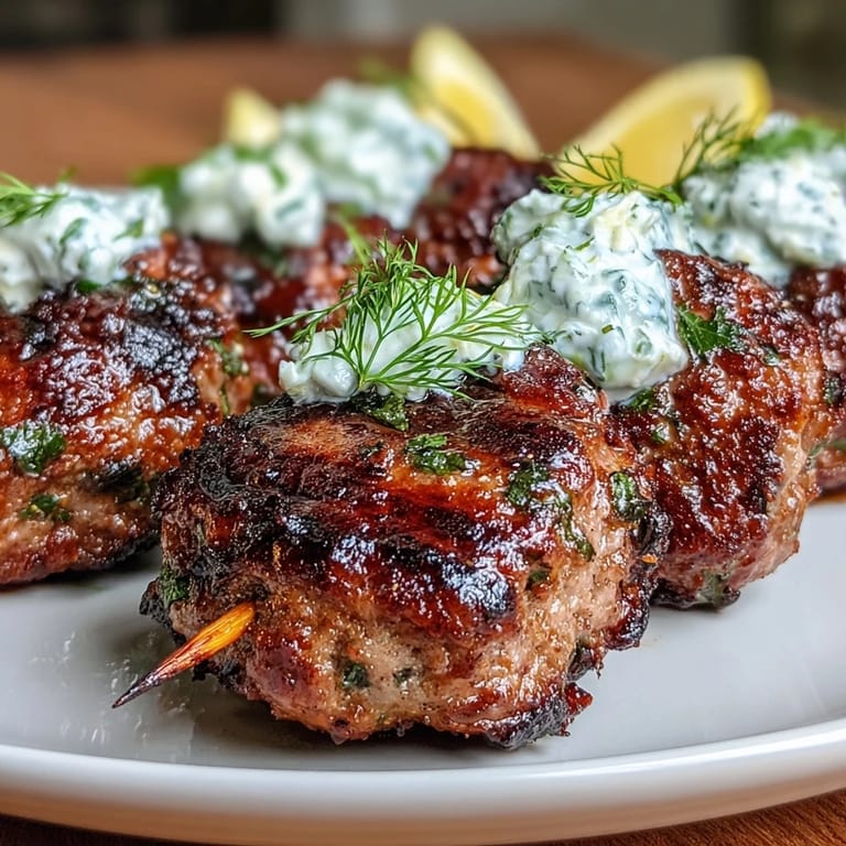 Savory lamb kofta infused with Middle Eastern spices, served hot with cooling tzatziki and lemon wedges for brightness.