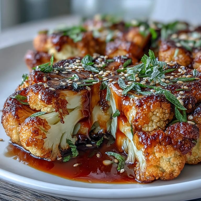 Tender cauliflower steaks caramelized in sweet and savory teriyaki glaze, garnished with sesame and fresh green onions.