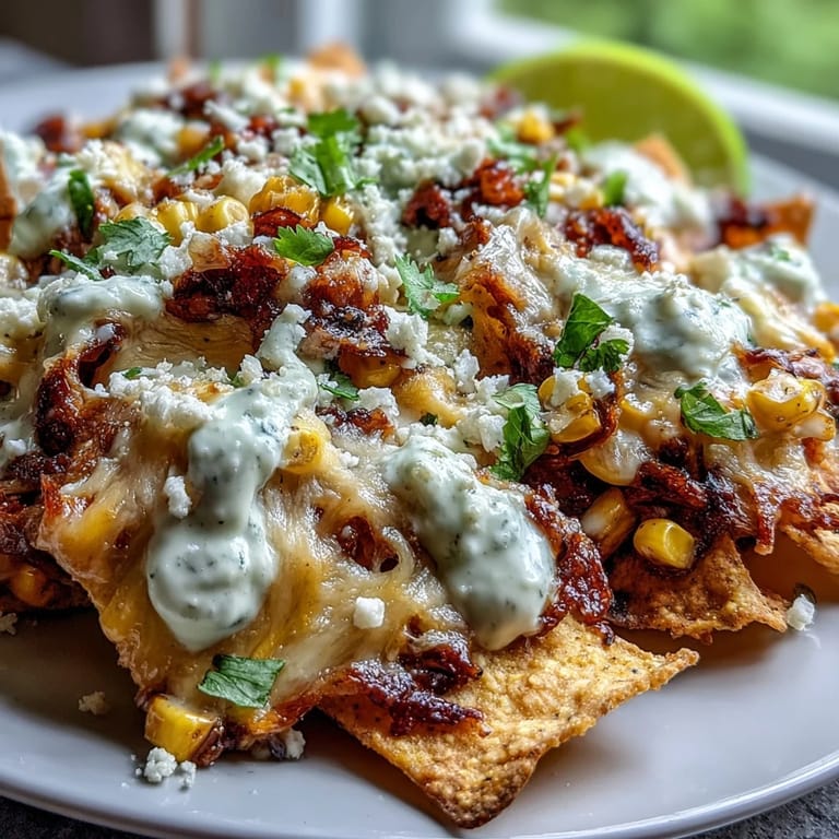 Appetizing Cinco de Mayo elote nachos, bursting with melted cheese and vibrant colors.